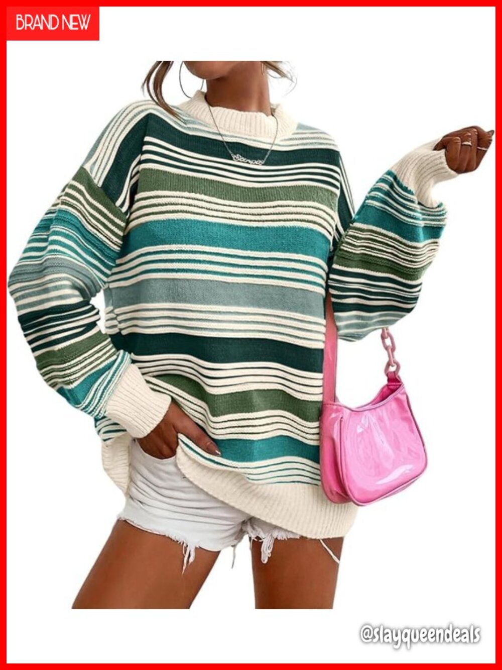 Oversized Colorblock Striped Crewneck Pullover Sweater Women Long Sleeve Knit